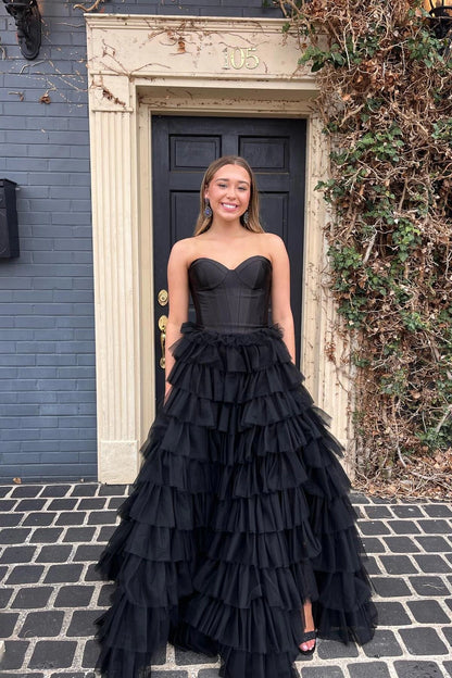 Glamorous A-line Strapless Sweetheart Corset Tiered Tulle Floor-length Evening Prom Dress