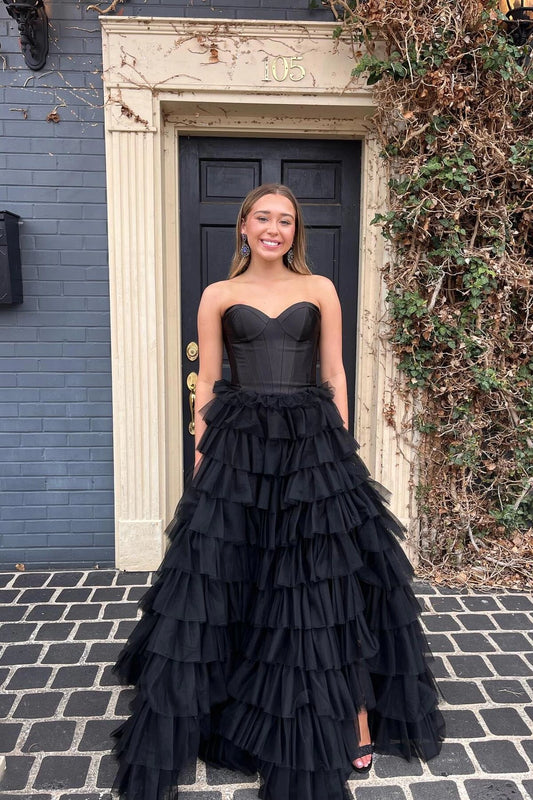 Glamorous A-line Strapless Sweetheart Corset Tiered Tulle Floor-length Evening Prom Dress