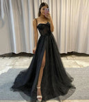 Glamorous A-line Sweetheart Spaghetti Straps Solid-back Floor-length Slit Prom Gown