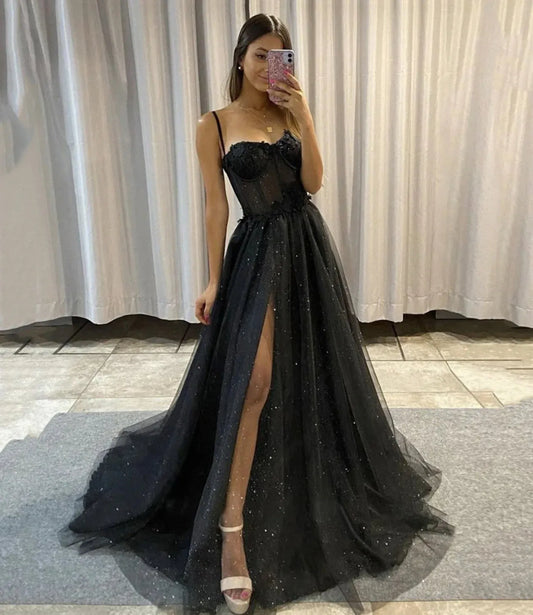 Glamorous A-line Sweetheart Spaghetti Straps Solid-back Floor-length Slit Prom Gown