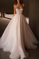 Glamorous Ball Gown Bustier Spaghetti Strap Open Back Train Length Wedding Dress