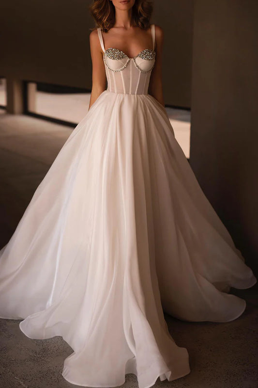 Glamorous Ball Gown Bustier Spaghetti Strap Open Back Train Length Wedding Dress