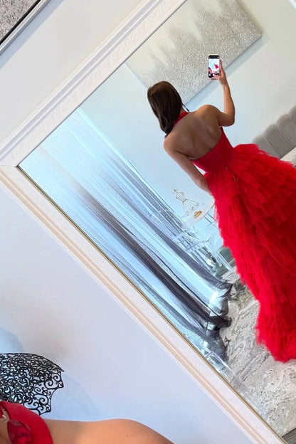 Glamorous Ball-Gown Halter Sweetheart Open-Back Tiered-Tulle High-Slit Evening Dress