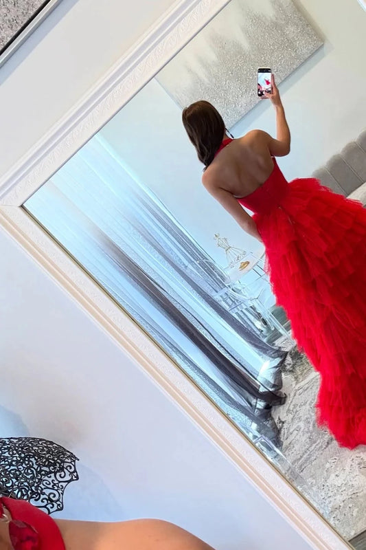 Glamorous Ball-Gown Halter Sweetheart Open-Back Tiered-Tulle High-Slit Evening Dress