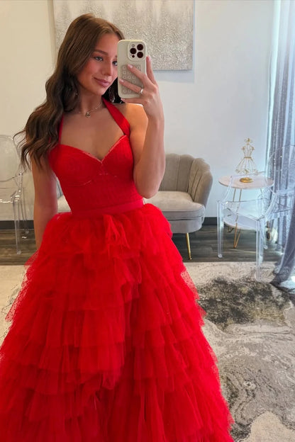 Glamorous Ball-Gown Halter Sweetheart Open-Back Tiered-Tulle High-Slit Evening Dress