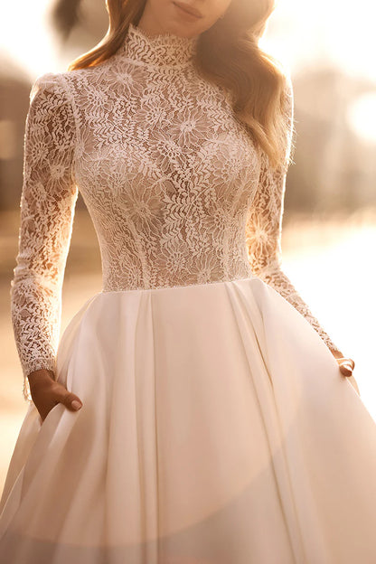 Glamorous Ball-Gown High-Neck Long-Sleeve Open-Back Train-Length Wedding Dress