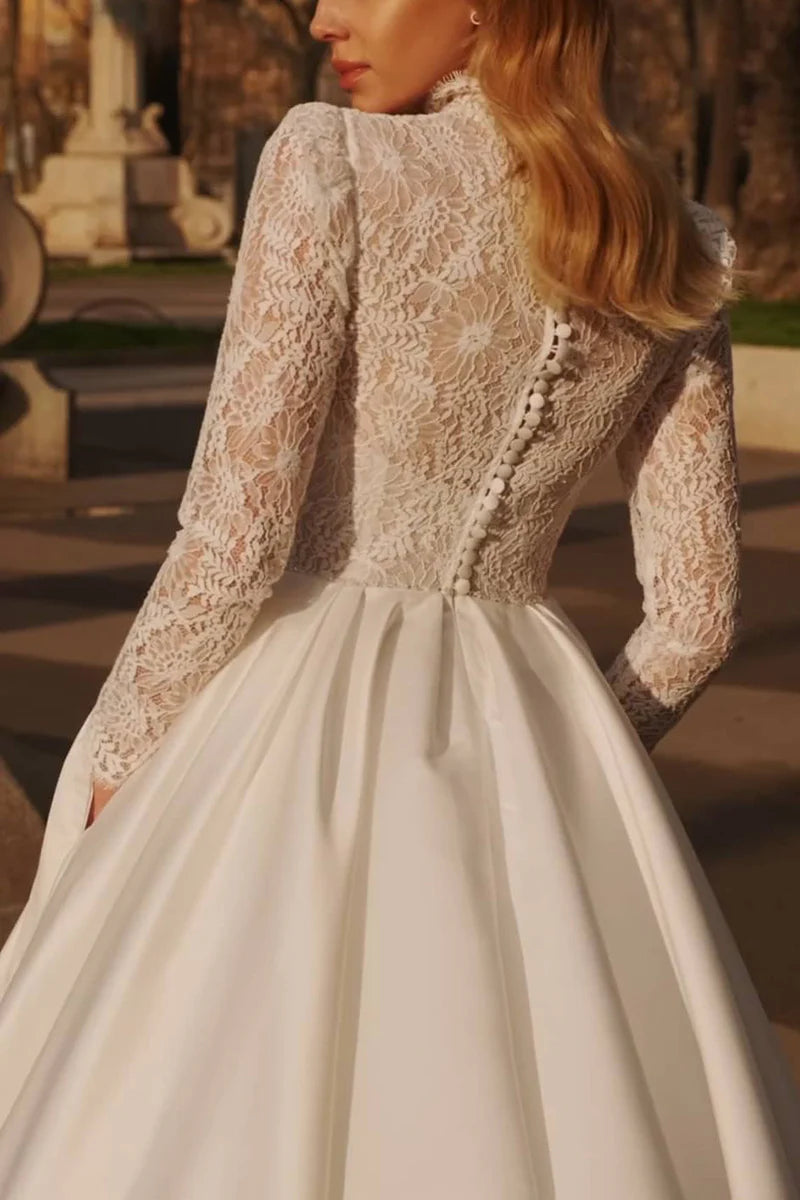 Glamorous Ball-Gown High-Neck Long-Sleeve Open-Back Train-Length Wedding Dress