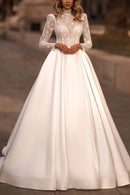Glamorous Ball-Gown High-Neck Long-Sleeve Open-Back Train-Length Wedding Dress