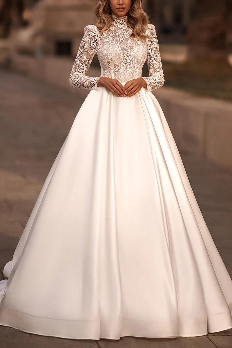 Glamorous Ball-Gown High-Neck Long-Sleeve Open-Back Train-Length Wedding Dress