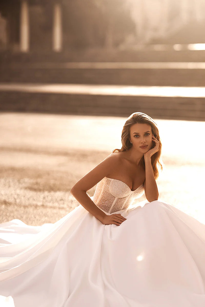 Glamorous Ball-Gown Off-The-Shoulder Beaded-Sleeve Open-Back Train-Length Wedding Dress