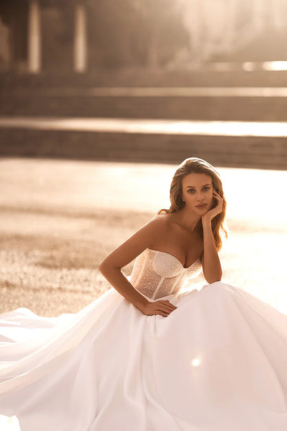 Glamorous Ball-Gown Off-The-Shoulder Beaded-Sleeve Open-Back Train-Length Wedding Dress