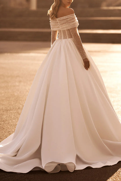 Glamorous Ball-Gown Off-The-Shoulder Beaded-Sleeve Open-Back Train-Length Wedding Dress