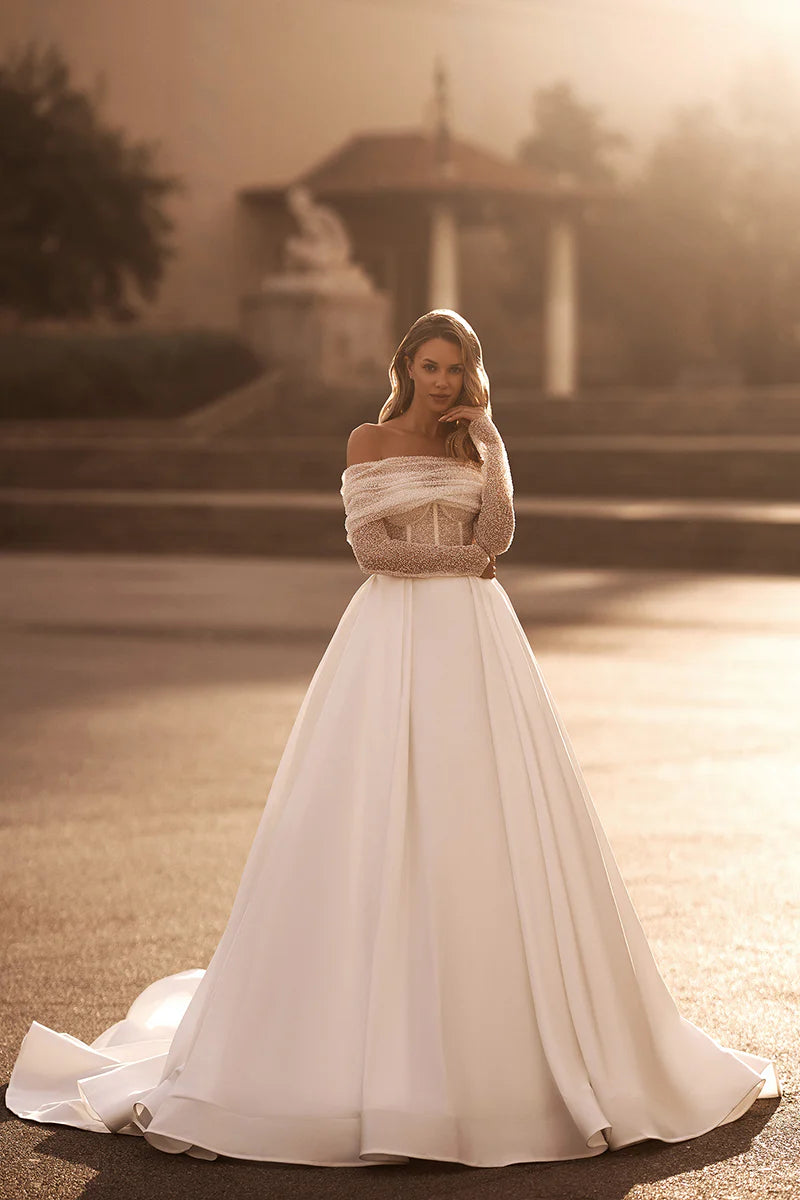 Glamorous Ball-Gown Off-The-Shoulder Beaded-Sleeve Open-Back Train-Length Wedding Dress