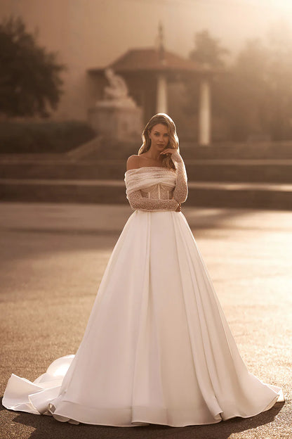 Glamorous Ball-Gown Off-The-Shoulder Beaded-Sleeve Open-Back Train-Length Wedding Dress
