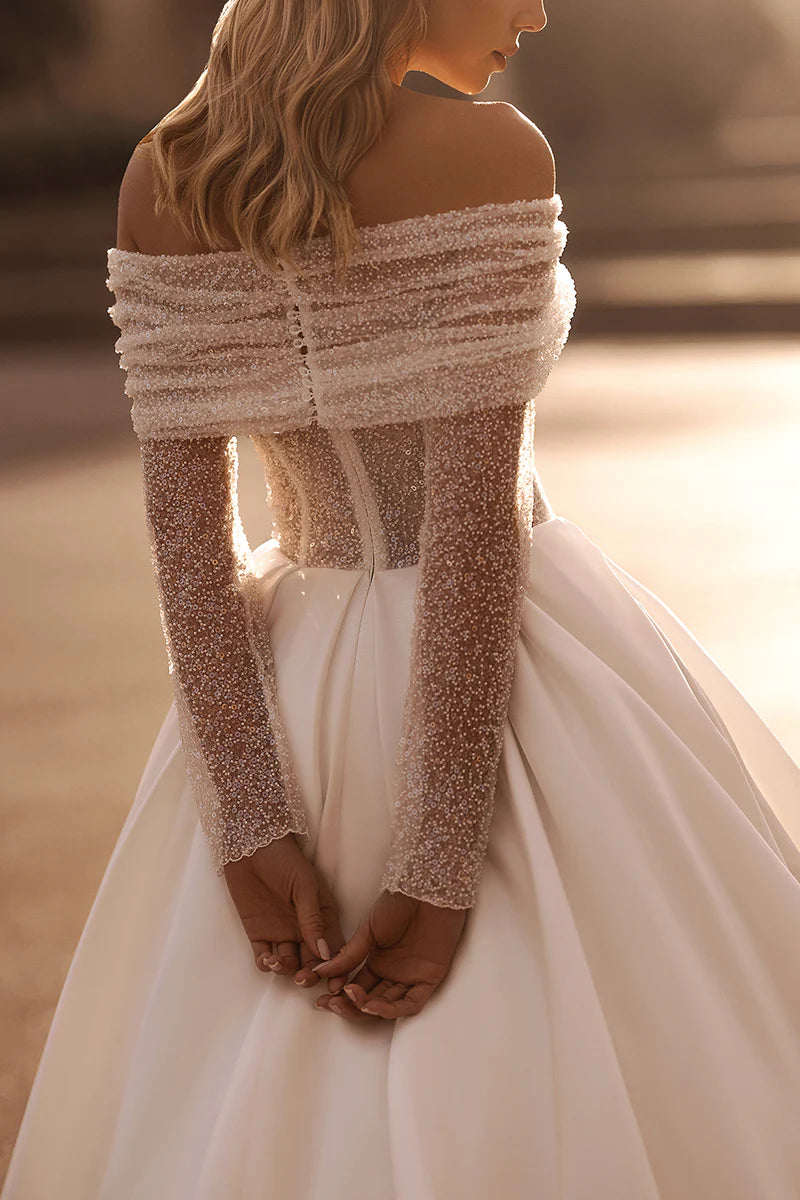 Glamorous Ball-Gown Off-The-Shoulder Beaded-Sleeve Open-Back Train-Length Wedding Dress