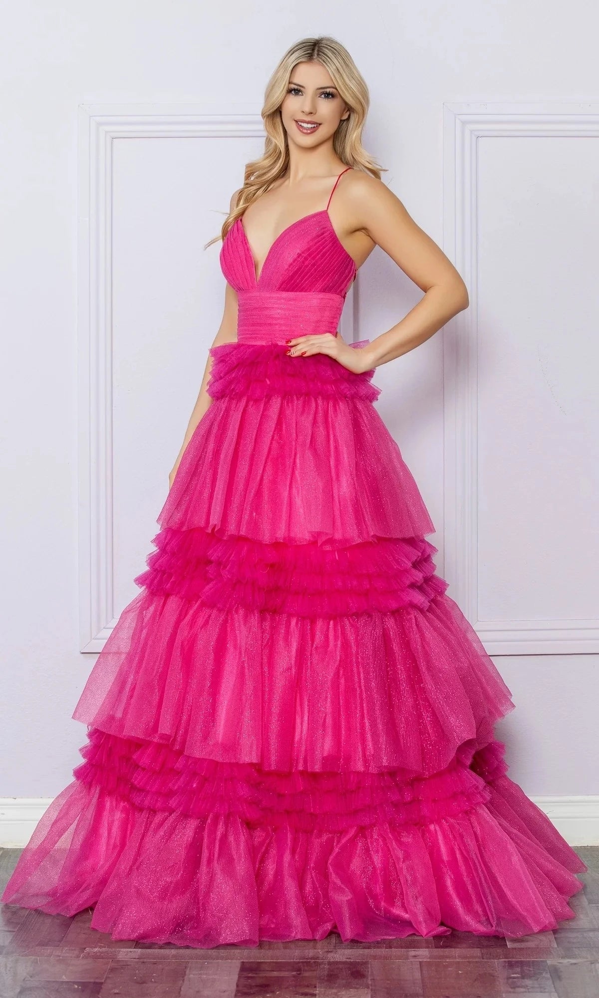 Glamorous Ball-Gown Plunge-Neck Spaghetti-Strap Crisscross-Back Floor-Length Prom Dress