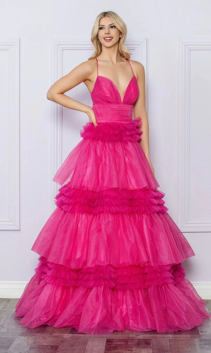 Glamorous Ball-Gown Plunge-Neck Spaghetti-Strap Crisscross-Back Floor-Length Prom Dress