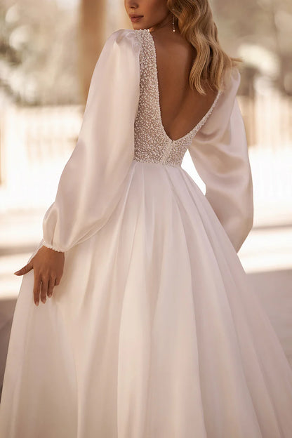 Glamorous Ball-Gown Plunge-V-Neck Puffed-Sleeve Open-Back Train-Length Wedding Dress