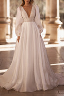 Glamorous Ball-Gown Plunge-V-Neck Puffed-Sleeve Open-Back Train-Length Wedding Dress