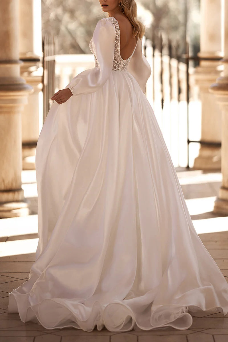 Glamorous Ball-Gown Plunge-V-Neck Puffed-Sleeve Open-Back Train-Length Wedding Dress