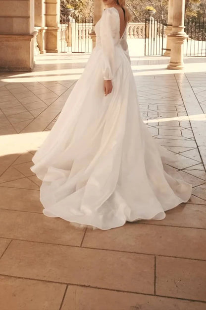 Glamorous Ball-Gown Plunge-V-Neck Puffed-Sleeve Open-Back Train-Length Wedding Dress