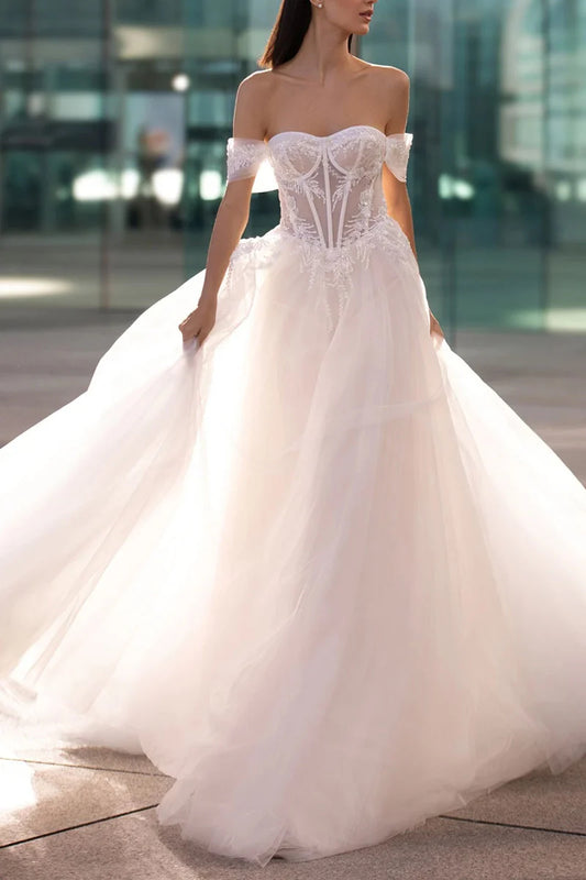 Glamorous Ball-Gown Sweetheart Detachable-Off-Shoulder-Sleeve Corset-Back Train-Length Wedding Dress
