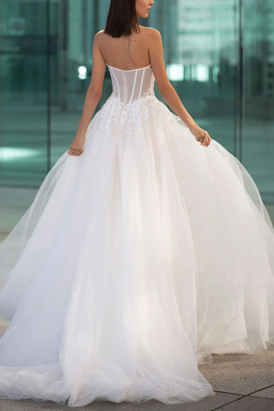 Glamorous Ball-Gown Sweetheart Detachable-Off-Shoulder-Sleeve Corset-Back Train-Length Wedding Dress