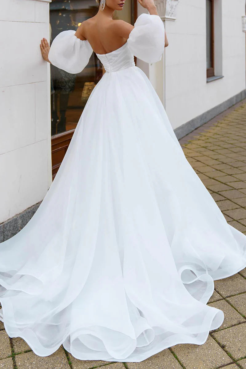 Glamorous Ball-Gown Sweetheart Detachable Puff Sleeve Lace Up Back Train Length Wedding Dress