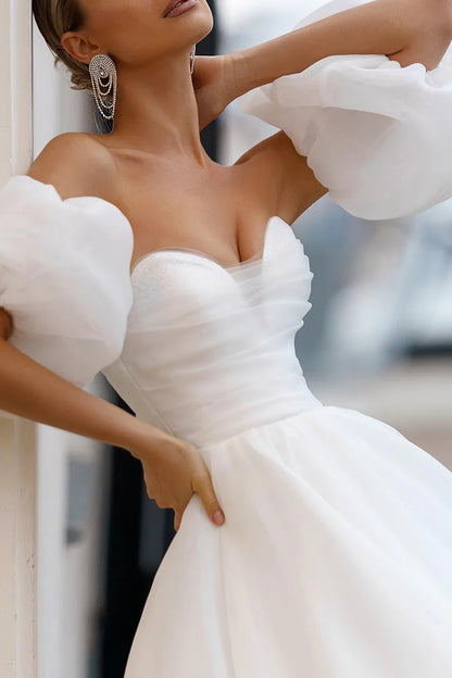 Glamorous Ball-Gown Sweetheart Detachable Puff Sleeve Lace Up Back Train Length Wedding Dress