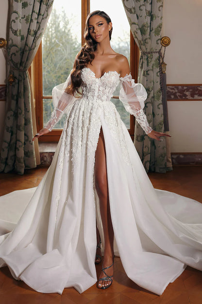 Glamorous Ball-Gown Sweetheart Puffed-Sleeve Open-Back Train-Length Wedding Dress