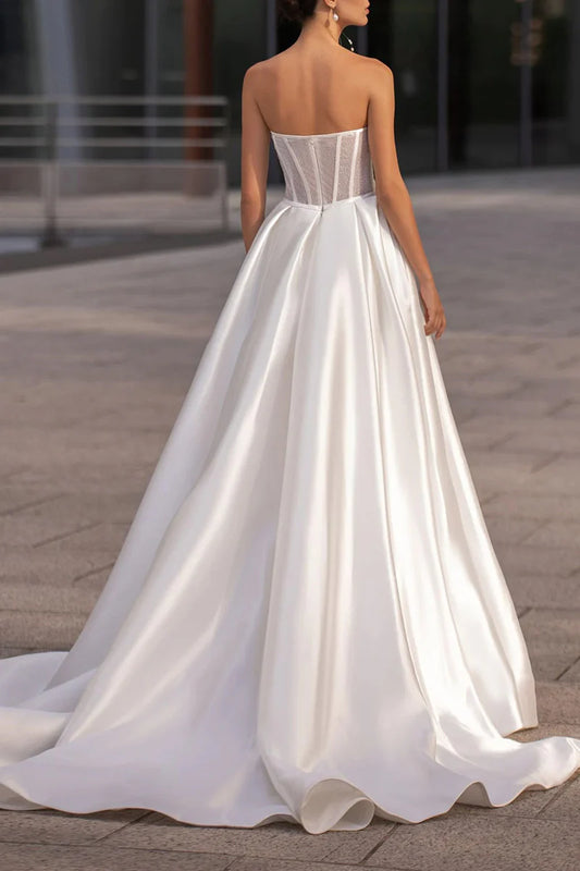 Glamorous Ball-Gown Sweetheart Strapless Corset-Back Train-Length Wedding Dress