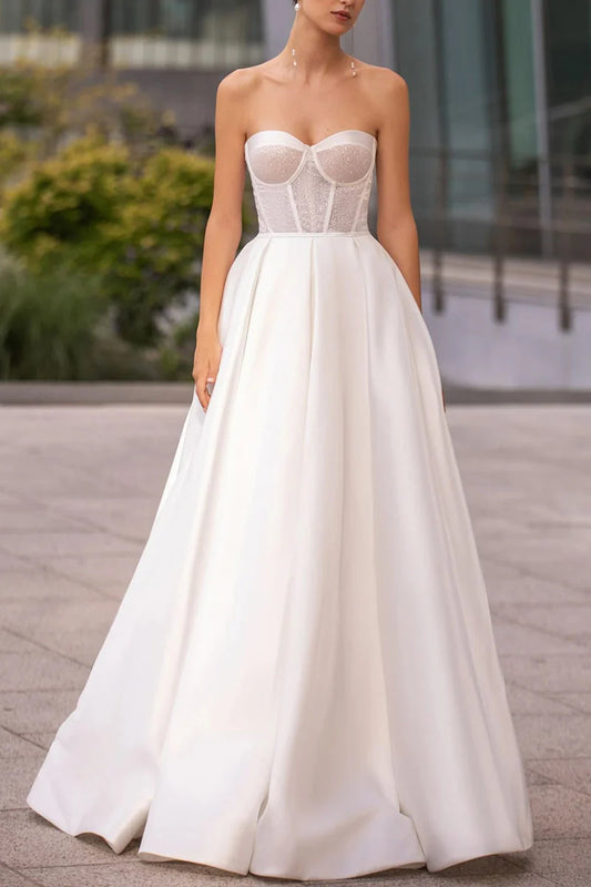 Glamorous Ball-Gown Sweetheart Strapless Corset-Back Train-Length Wedding Dress