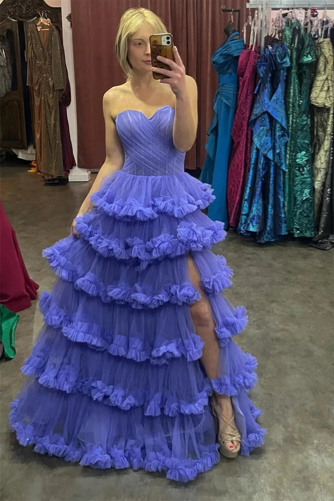 Glamorous Ball-Gown Sweetheart Strapless Open-Back Tiered-Ruffle High-Slit Evening Dress