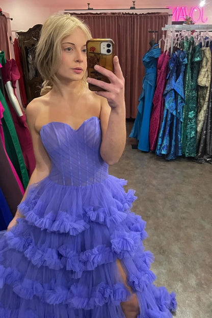 Glamorous Ball-Gown Sweetheart Strapless Open-Back Tiered-Ruffle High-Slit Evening Dress