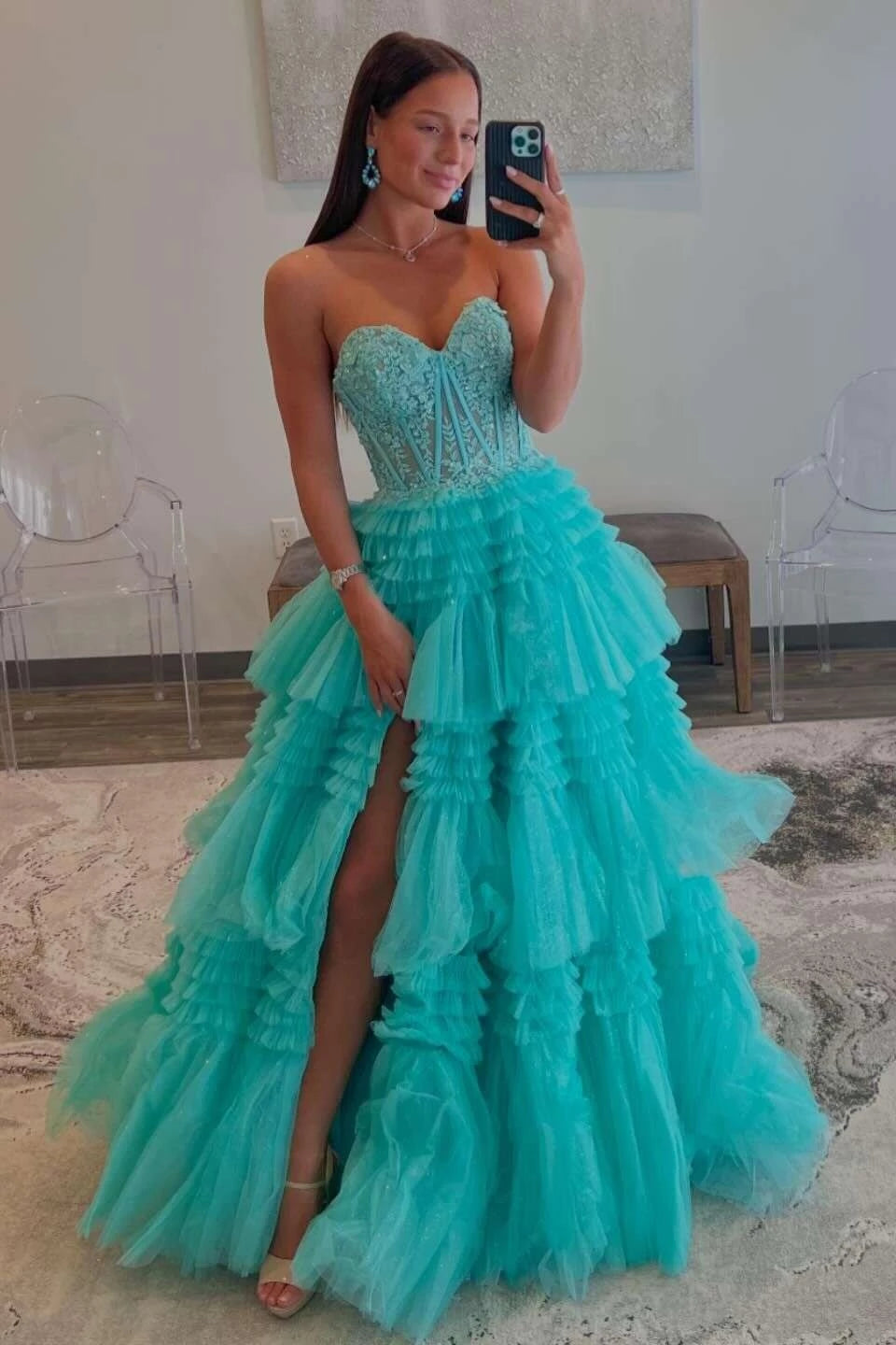 Glamorous Ball-Gown Sweetheart Strapless Open-Back Tiered-Ruffle High-Slit Train Evening Dress