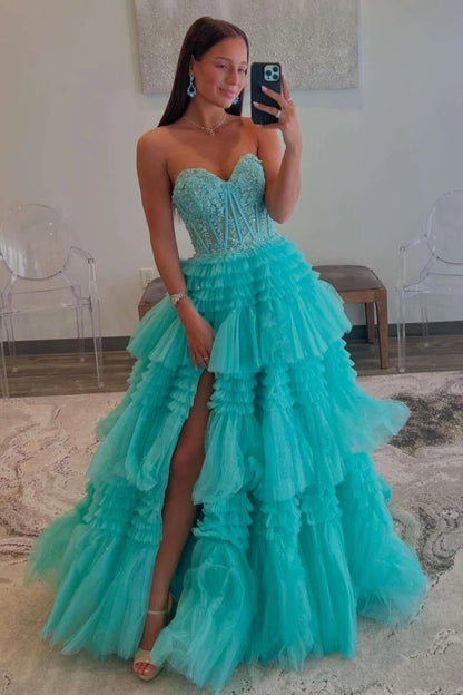 Glamorous Ball-Gown Sweetheart Strapless Open-Back Tiered-Ruffle High-Slit Train Evening Dress