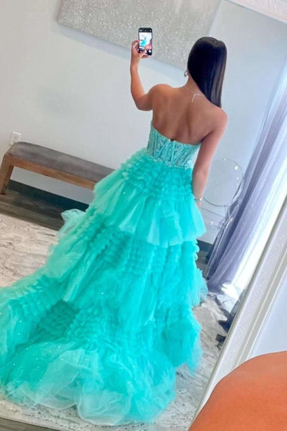 Glamorous Ball-Gown Sweetheart Strapless Open-Back Tiered-Ruffle High-Slit Train Evening Dress