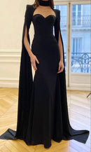 Glamorous Black Choker Neck Cut-Out Cape Sleeve Mermaid Prom Gown.