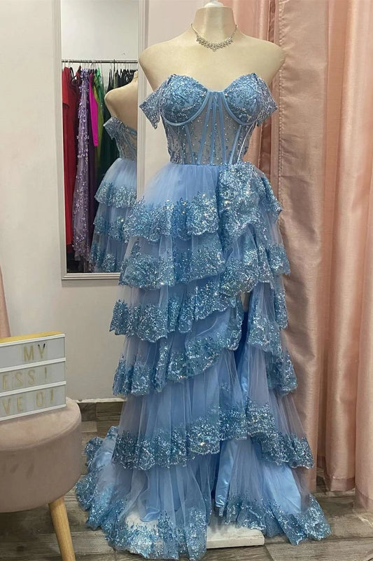 Glamorous Blue Sequined Off-Shoulder Sleeveless Ruffled Back Maxi Evening Dress