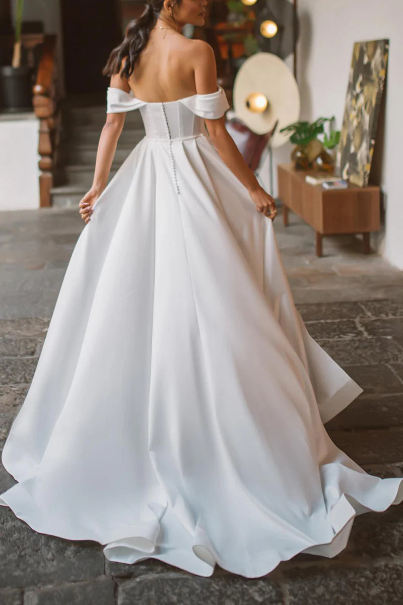 Glamorous Convertible Ball Gown Off Shoulder Sweetheart Button Back Train Length Wedding Dress