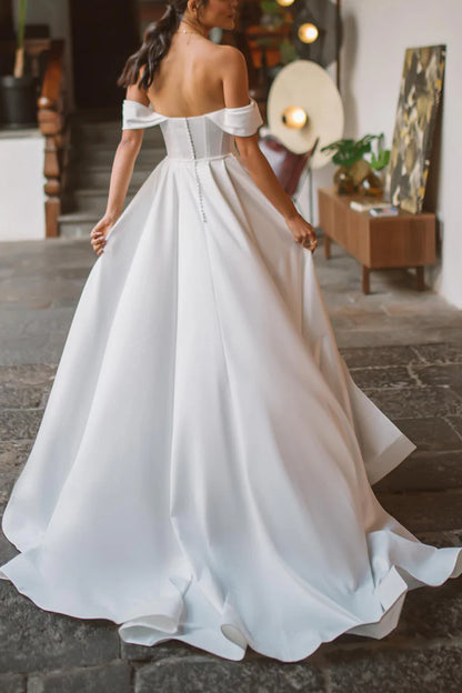 Glamorous Convertible Ball Gown Off Shoulder Sweetheart Button Back Train Length Wedding Dress