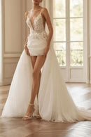 Glamorous Convertible Plunge-V-Neck Spaghetti-Strap Illusion-Back Train-Length Wedding Dress