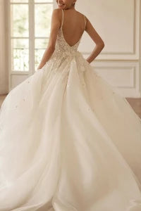 Glamorous Convertible Plunge-V-Neck Spaghetti-Strap Illusion-Back Train-Length Wedding Dress