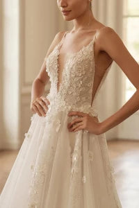 Glamorous Convertible Plunge-V-Neck Spaghetti-Strap Illusion-Back Train-Length Wedding Dress