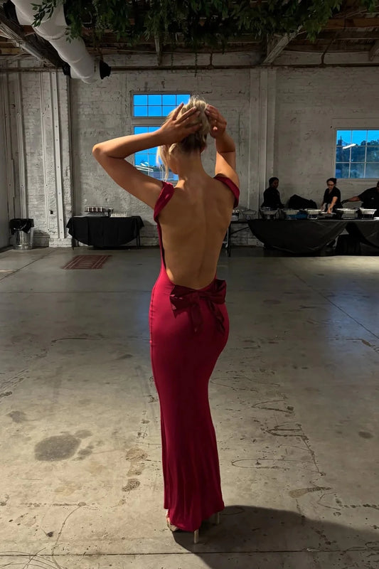 Glamorous Mermaid Cowl Neck Cap Sleeves Open Back Floor-Length Burgundy Satin Evening Dresses