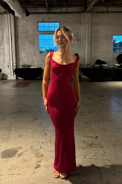 Glamorous Mermaid Cowl Neck Cap Sleeves Open Back Floor-Length Burgundy Satin Evening Dresses
