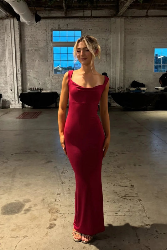 Glamorous Mermaid Cowl Neck Cap Sleeves Open Back Floor-Length Burgundy Satin Evening Dresses
