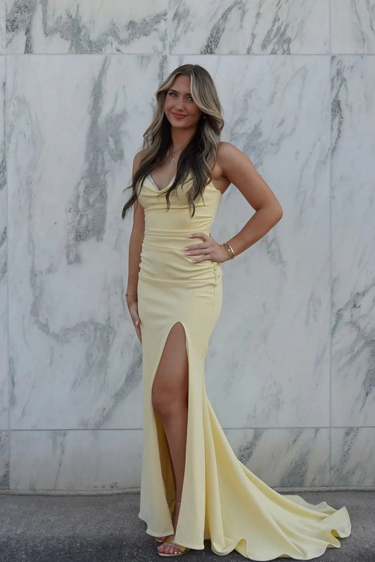 Glamorous Mermaid Cowl Neck Sleeveless Tie Back Floor-Length Pale Yellow Jersey Evening Dresses