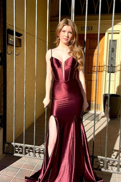 Glamorous Mermaid Deep V-Neck Spaghetti Straps Lace Up Back Sweep Train Burgundy Satin Evening Dresses