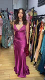 Glamorous Mermaid Deep-V Spaghetti Strap Open-Back Fuchsia Pink Floor-Length Prom Dress.